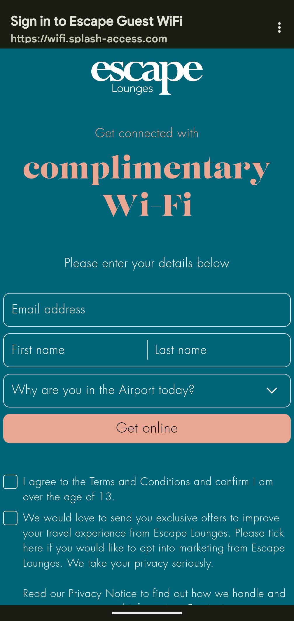 Escape Lounge FLL amenities Wi Fi sign in page Escape Lounge FLL amenities Wi Fi sign in page