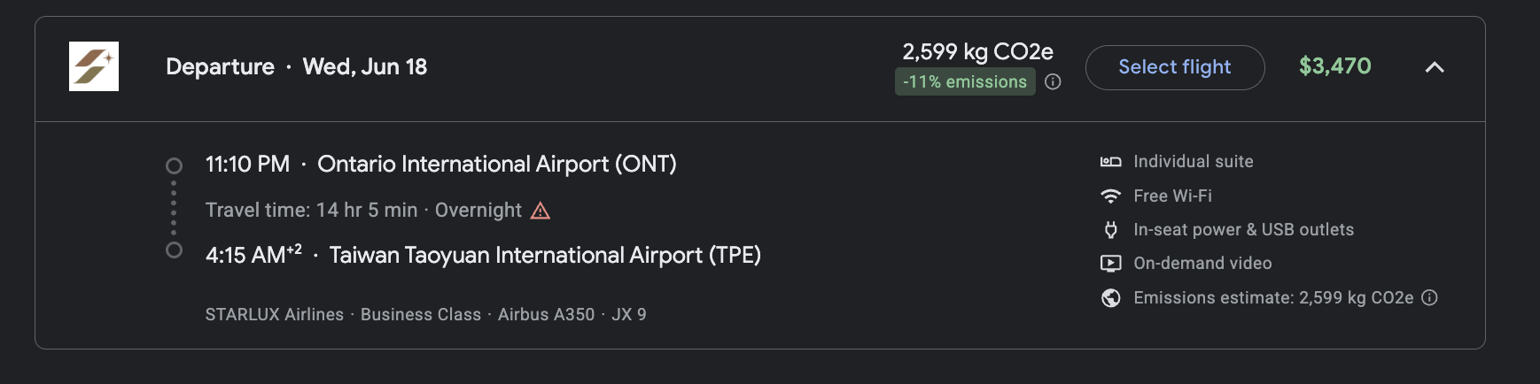Google Flights ONT TPE Starlux Business class