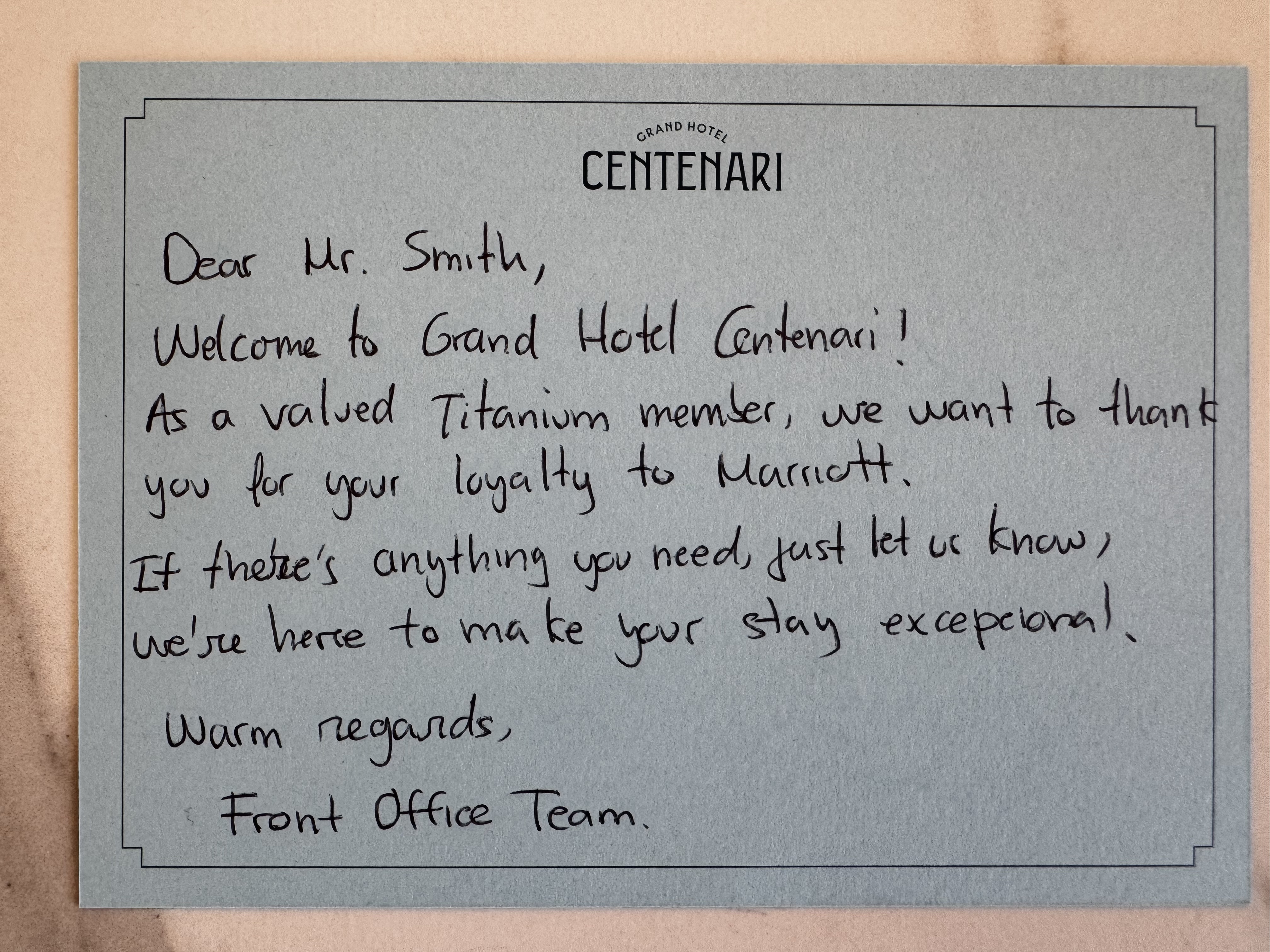Grand Hotel Centenari Valencia Marriott Autograph Collection bedroom thank you note