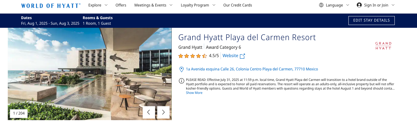 Grand Hyatt Playa Del Carmen Notice of Changing from WOH