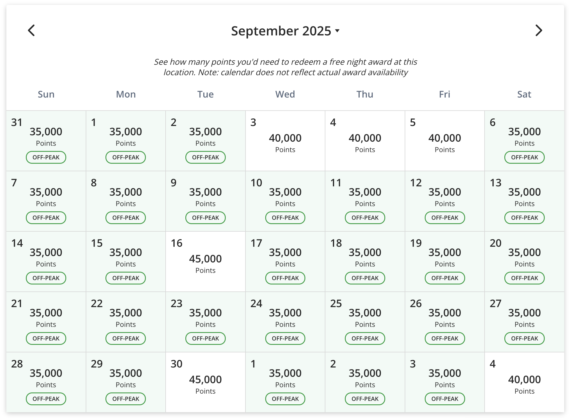 Hyatt points calendar Andaz Papagayo September 2025