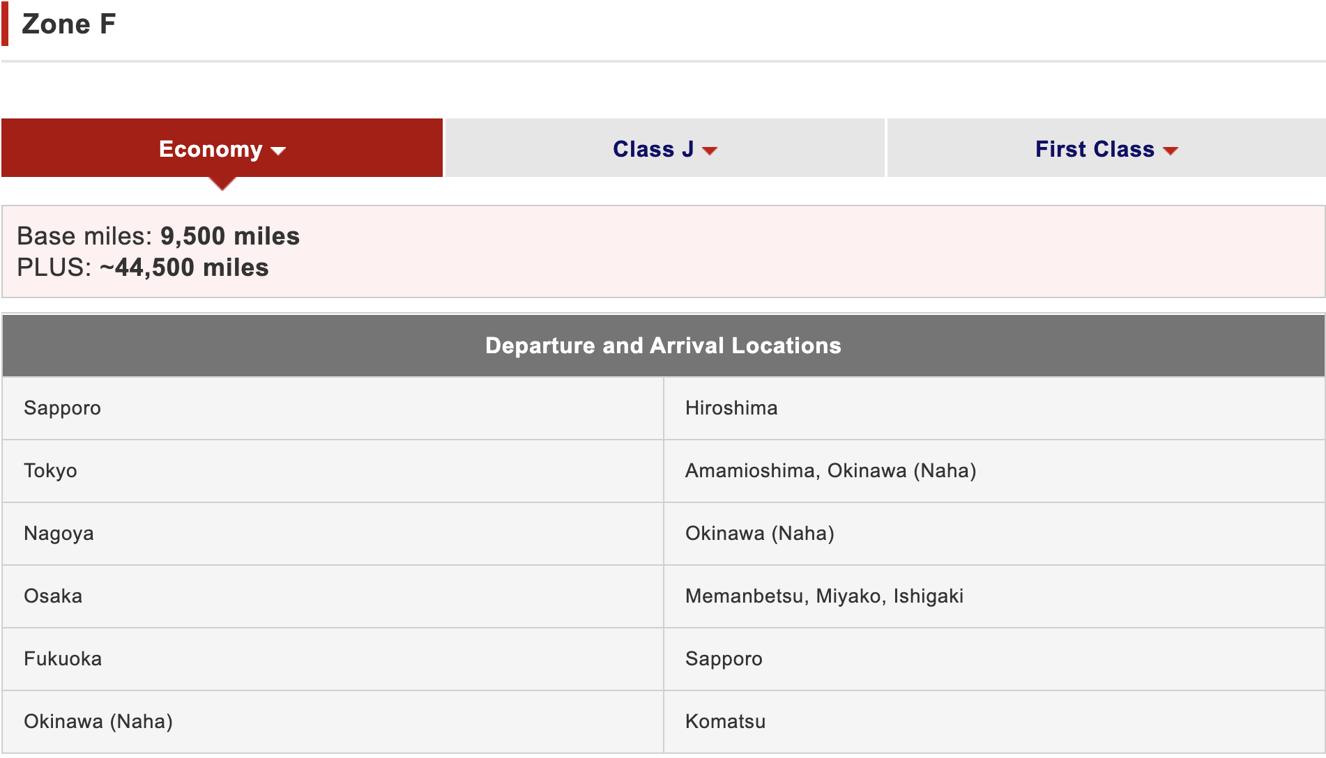 Japan Airlines domestic Zone F economy June 2025 Japan Airlines domestic Zone F economy June 2025
