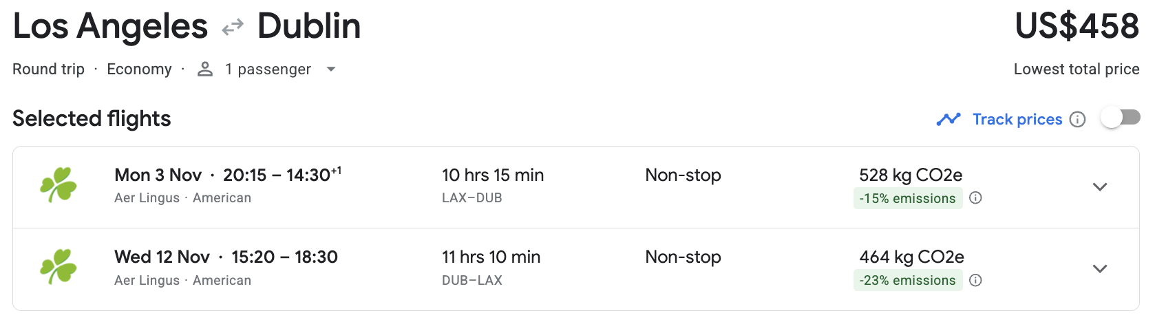 Los Angeles to Dublin cash price