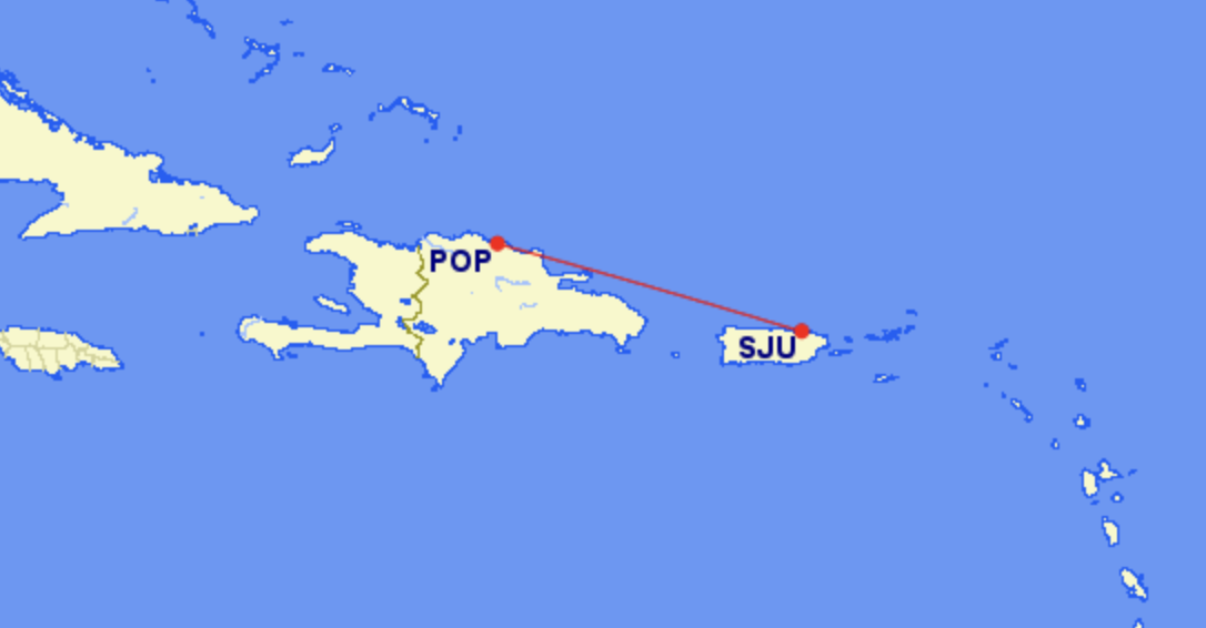 Map of Frontier new route from San Juan to Puerto Plata Map of Frontier new route from San Juan to Puerto Plata