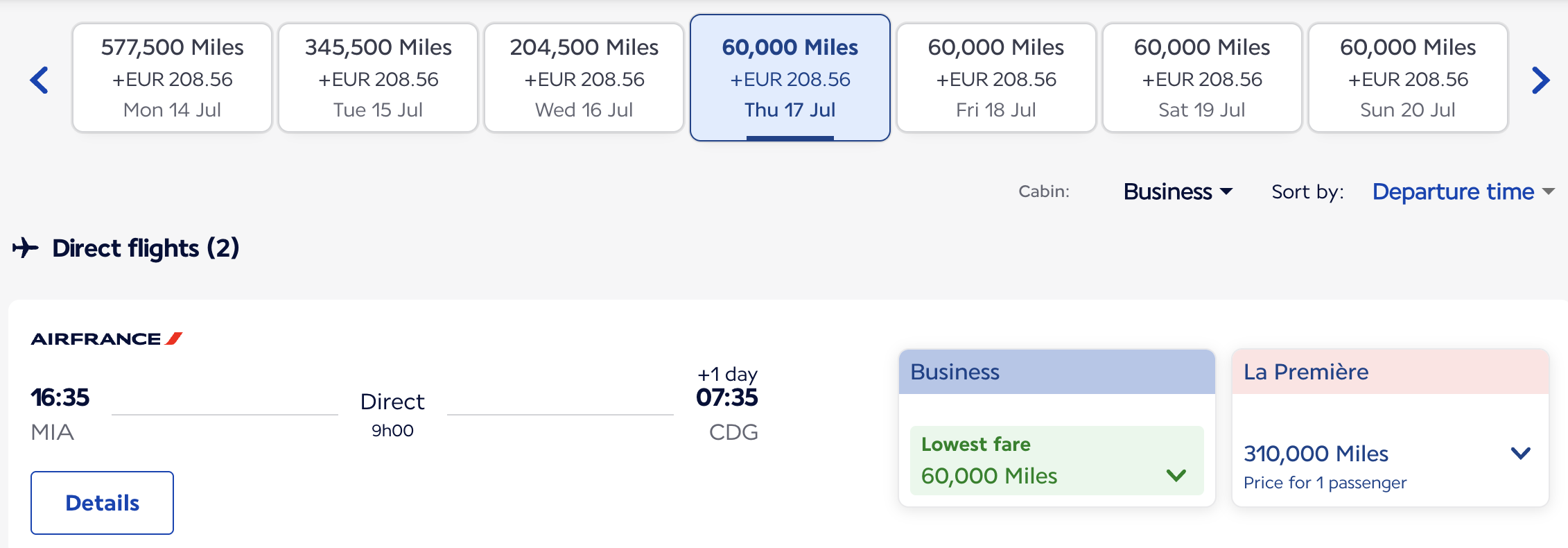 Miami to Paris Air France business redemption