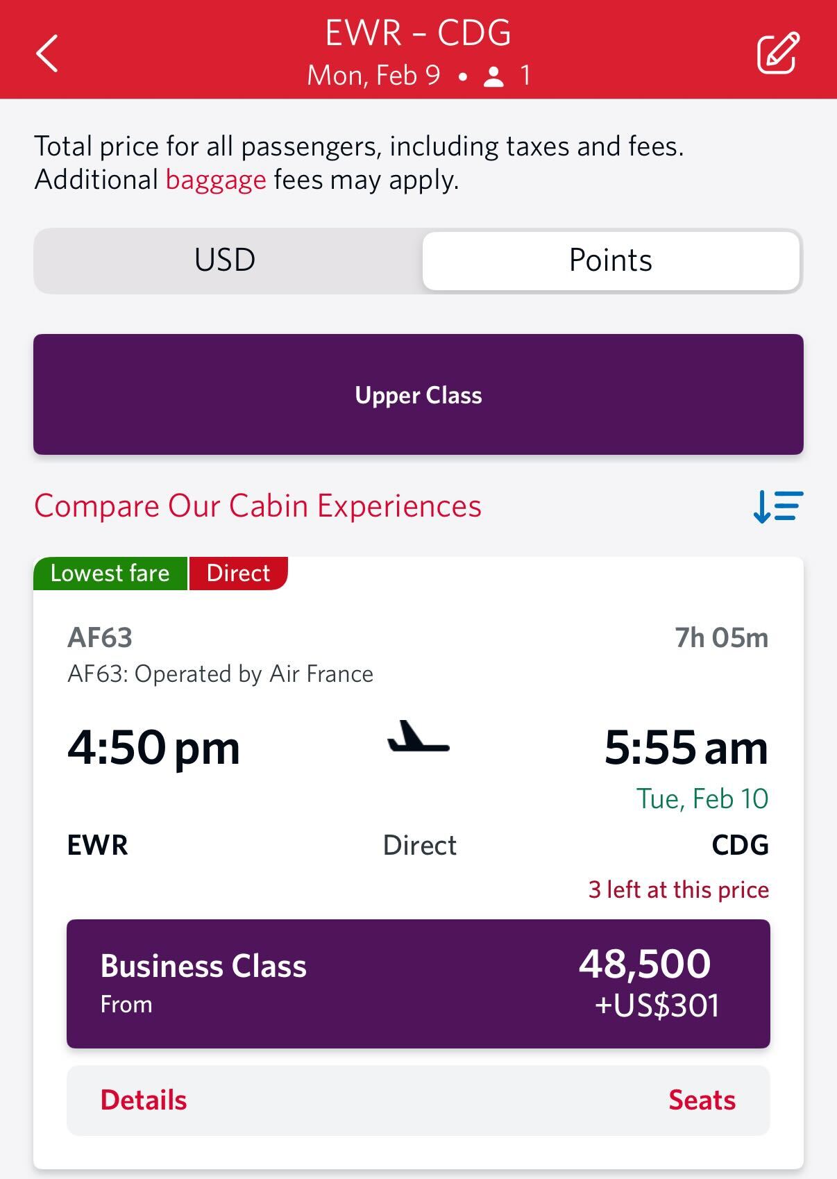 New York to Paris for 48500 Virgin Points
