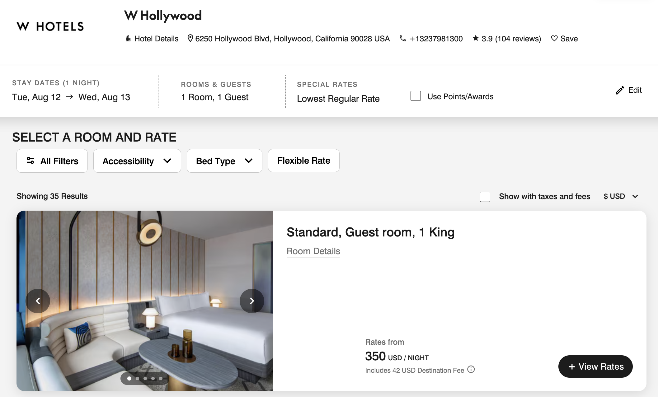 W Hollywood pricing for August 2025 W Hollywood pricing for August 2025