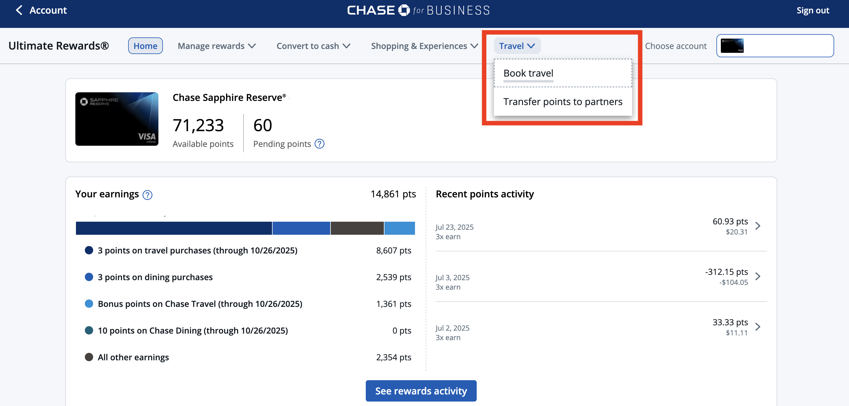 Ultimate Rewards dashboard Book travel through Chase travel portal 2