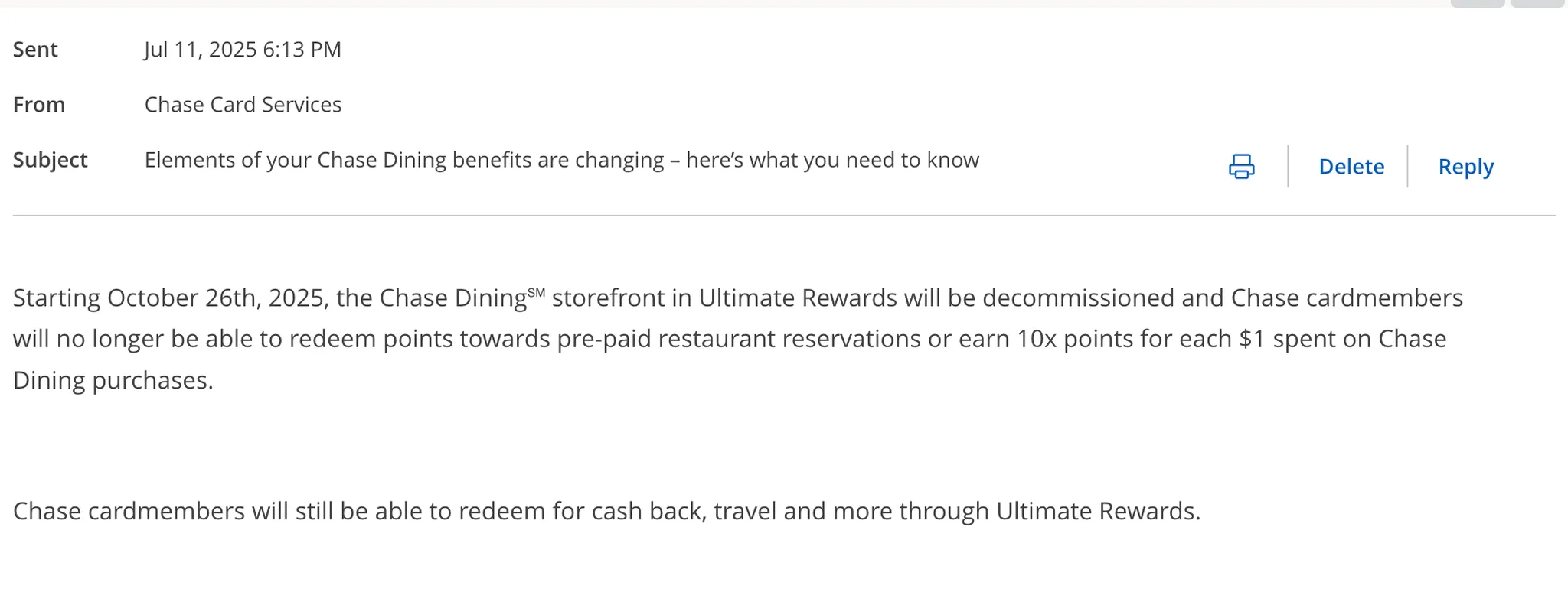 Chase Dining notice