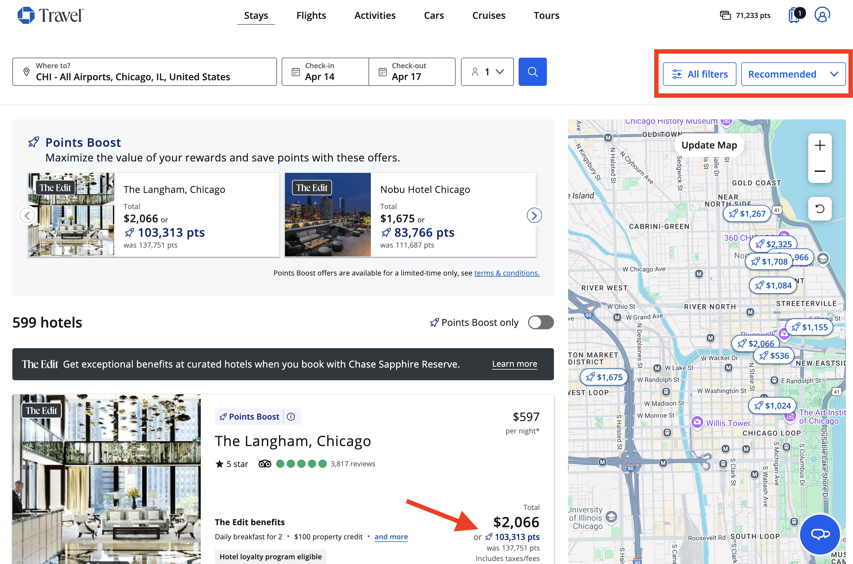 Cost of hotel through Chase Ultimate Rewards Chase Travel Hotel search