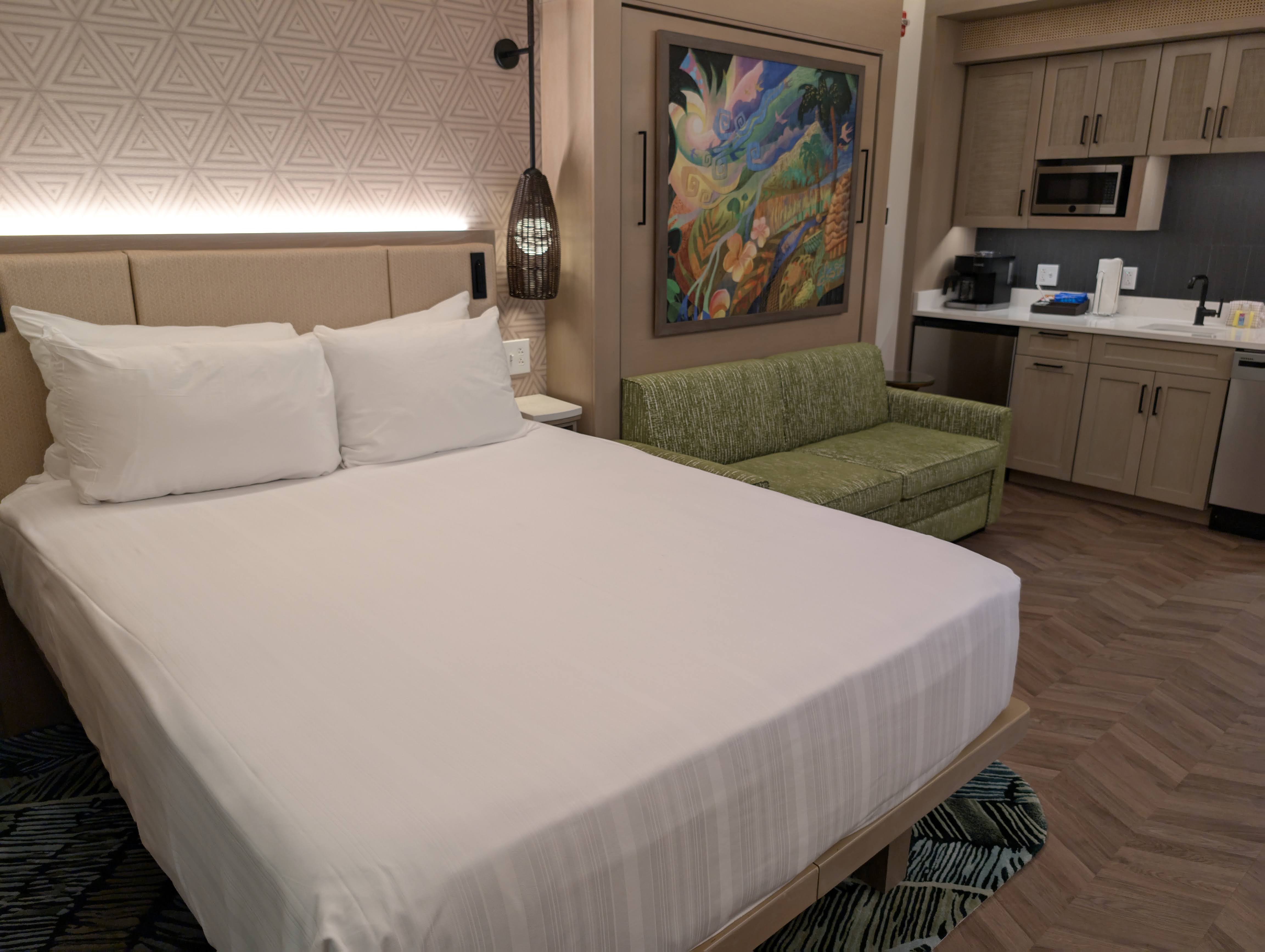Disney Vacation Club tour Disney’s Polynesian Villas and Bungalows Deluxe Studio model bed and kitchen Disney Vacation Club tour Disney's Polynesian Villas and Bungalows Deluxe Studio model bed and kitchen