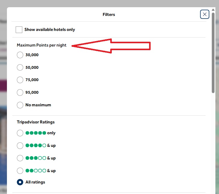 Hilton Honors Booking Filters