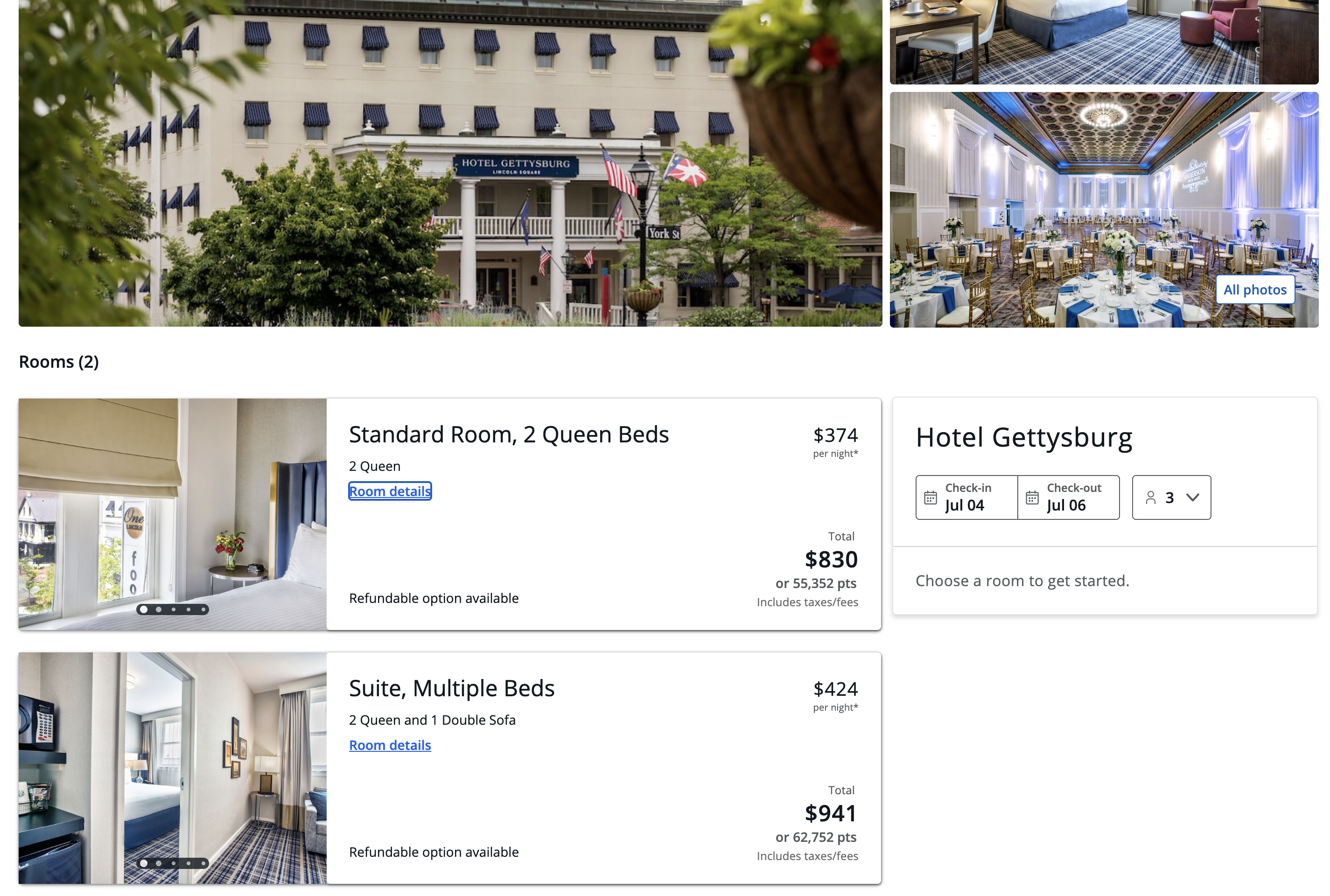 Hotel Gettysburg booking screen