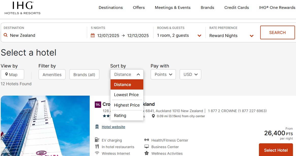 IHG One Rewards Sort and Filter