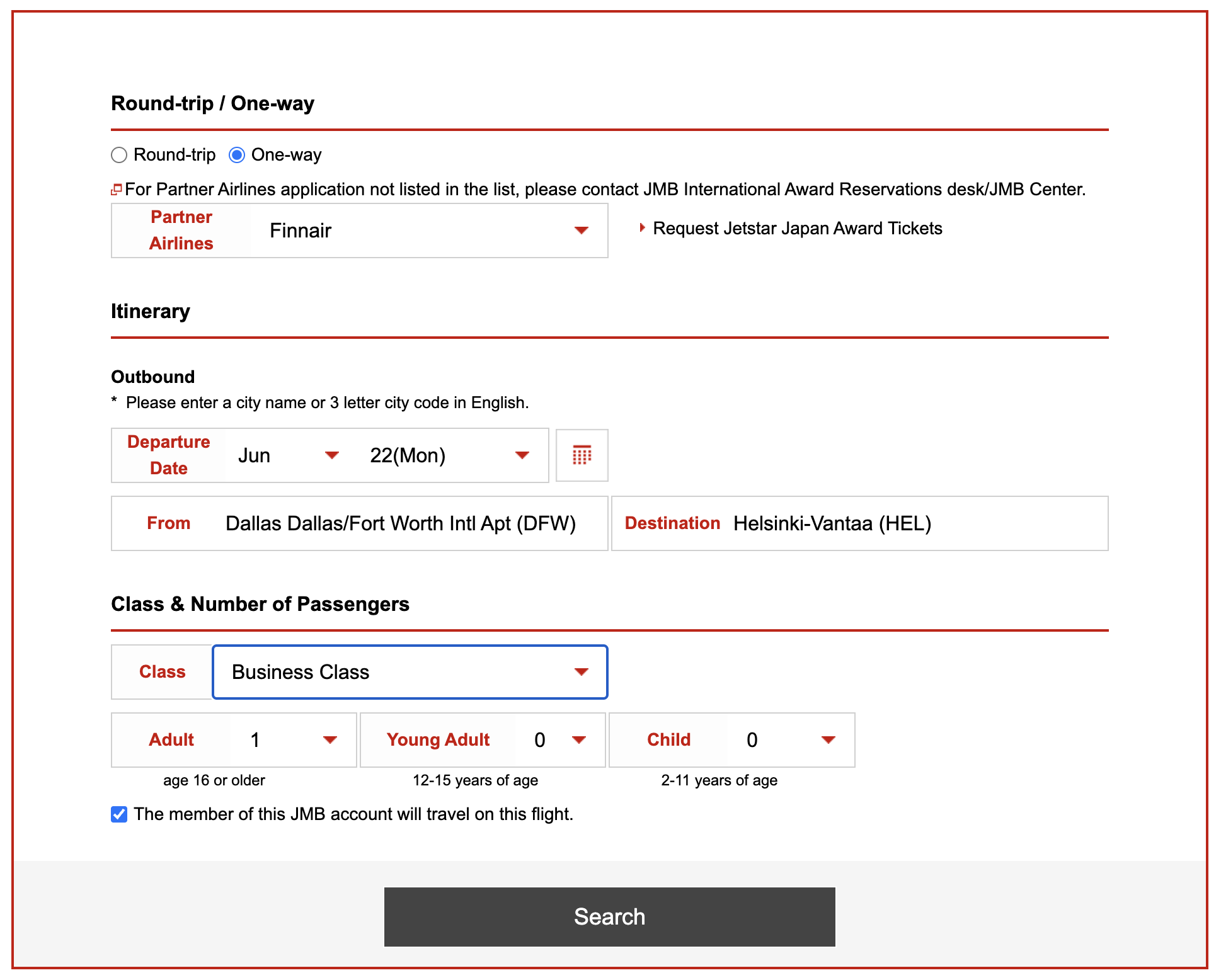 JMB award search page partner flight