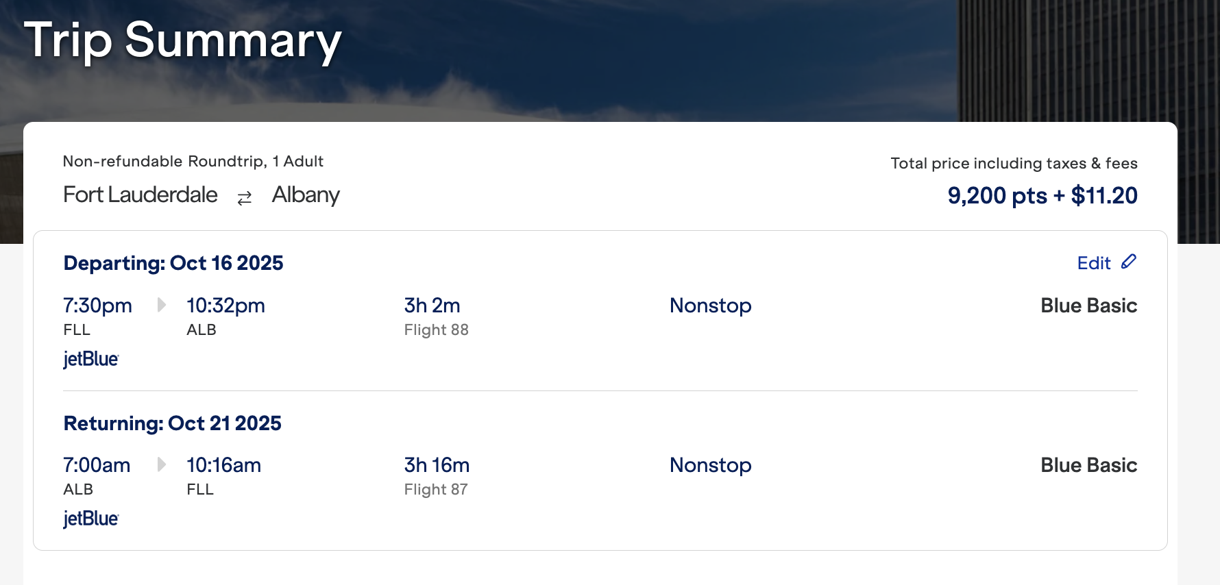 JetBlue FLL to Albany Points Fare 1 JetBlue FLL to Albany Points Fare 1