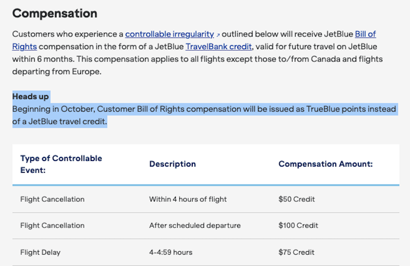 JetBlue bill of rights compensation points notice