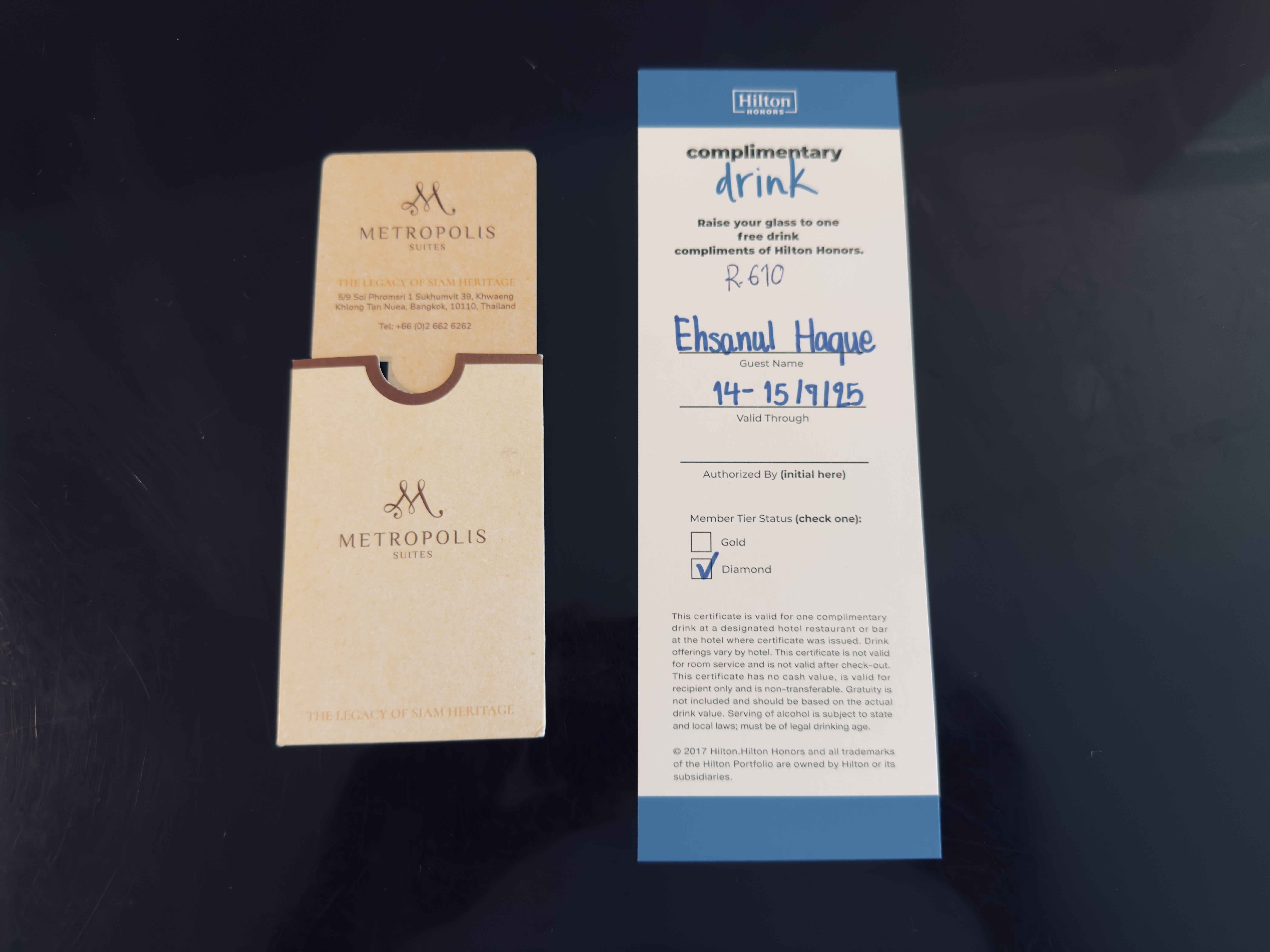 Metropolis Suites Bangkok room key cards drink voucher