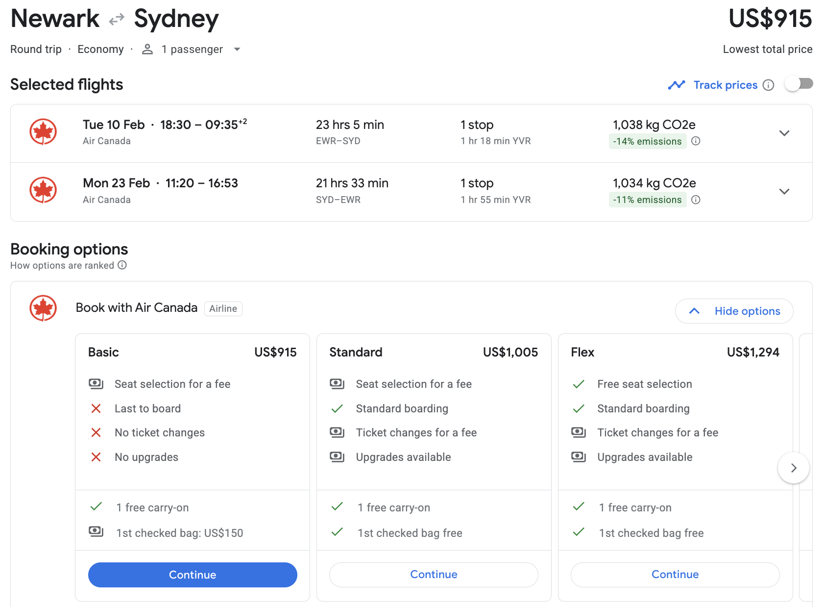 New York to Sydney with Air Canada in February 2026