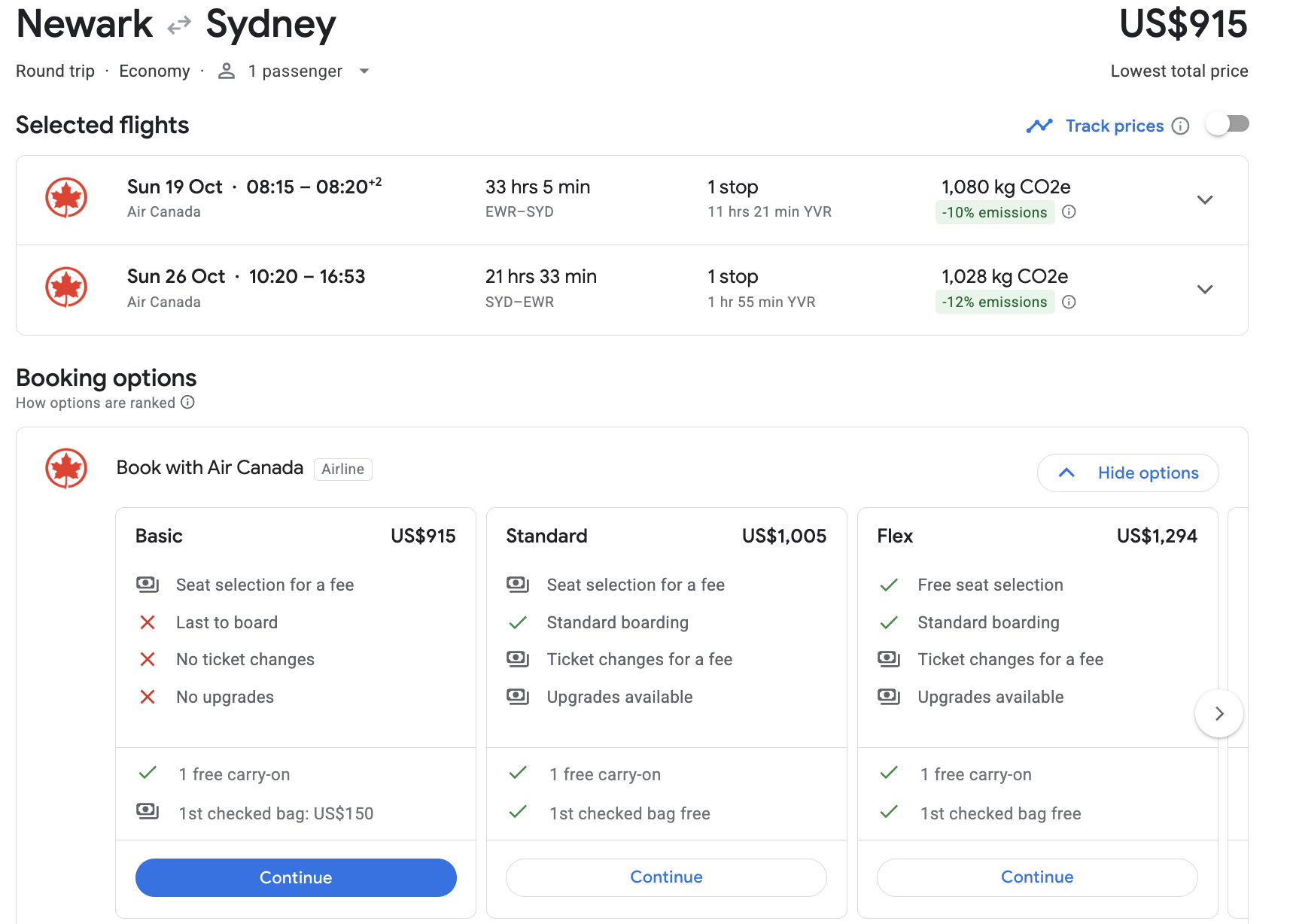 New York to Sydney with Air Canada in October