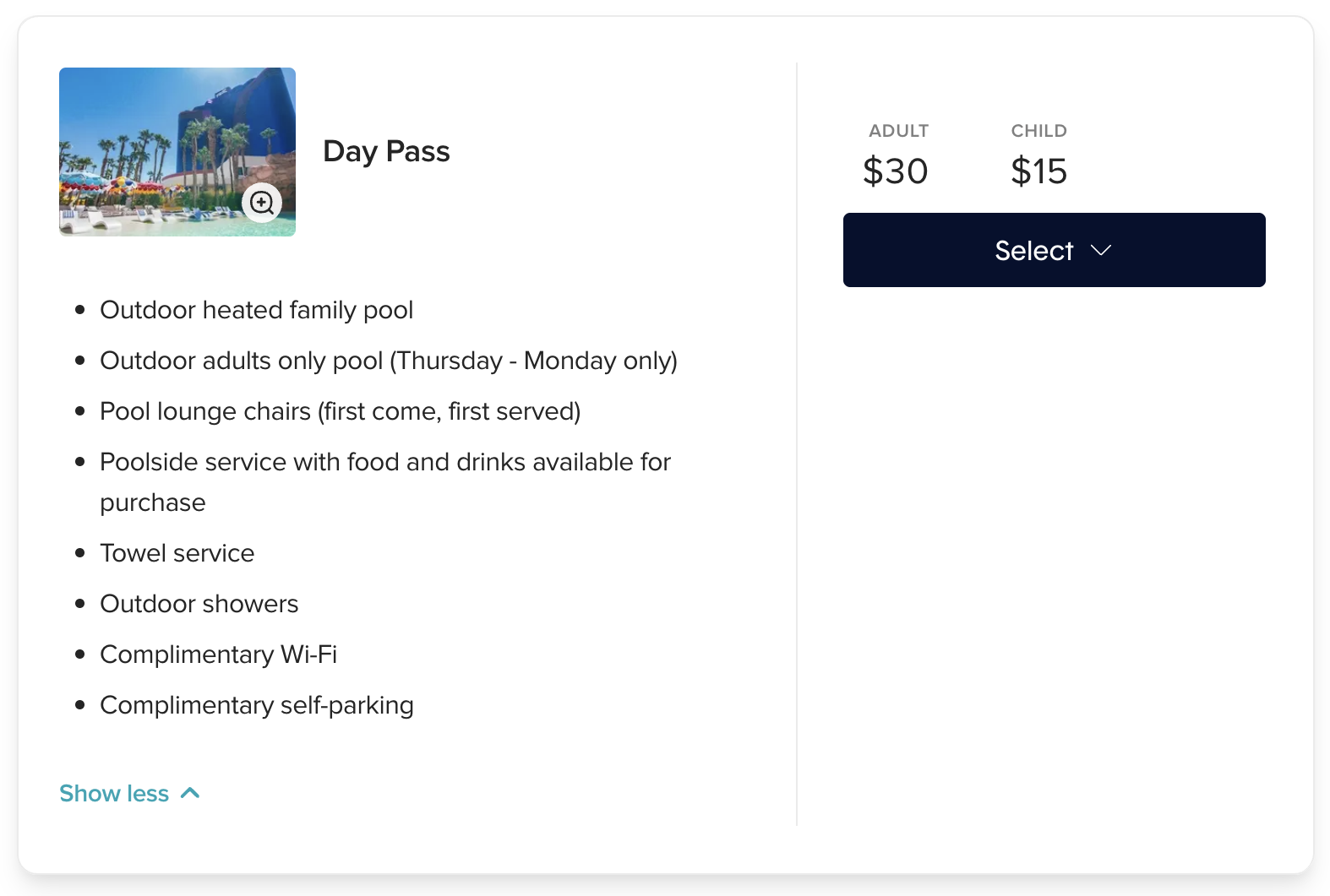 Rio Hotel pool day pass rate