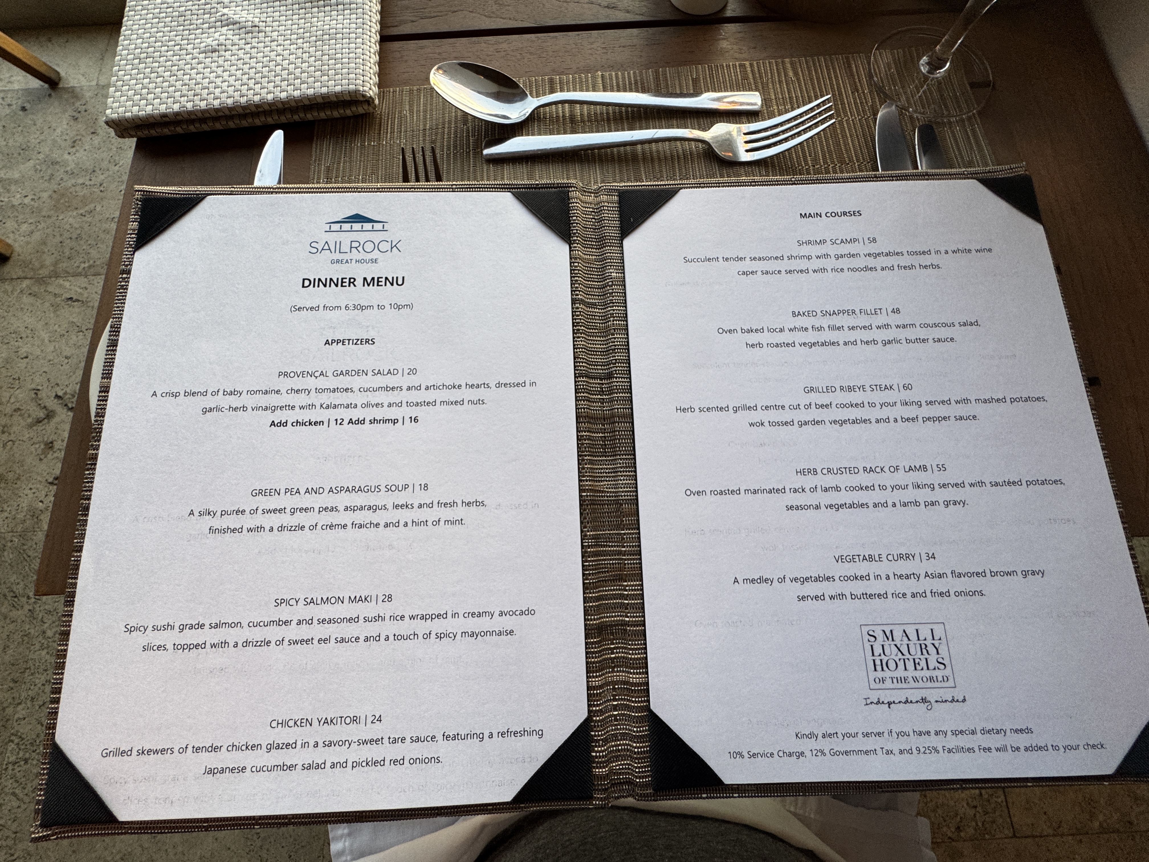 Sailrock South Caicos Great House Dinner Menu