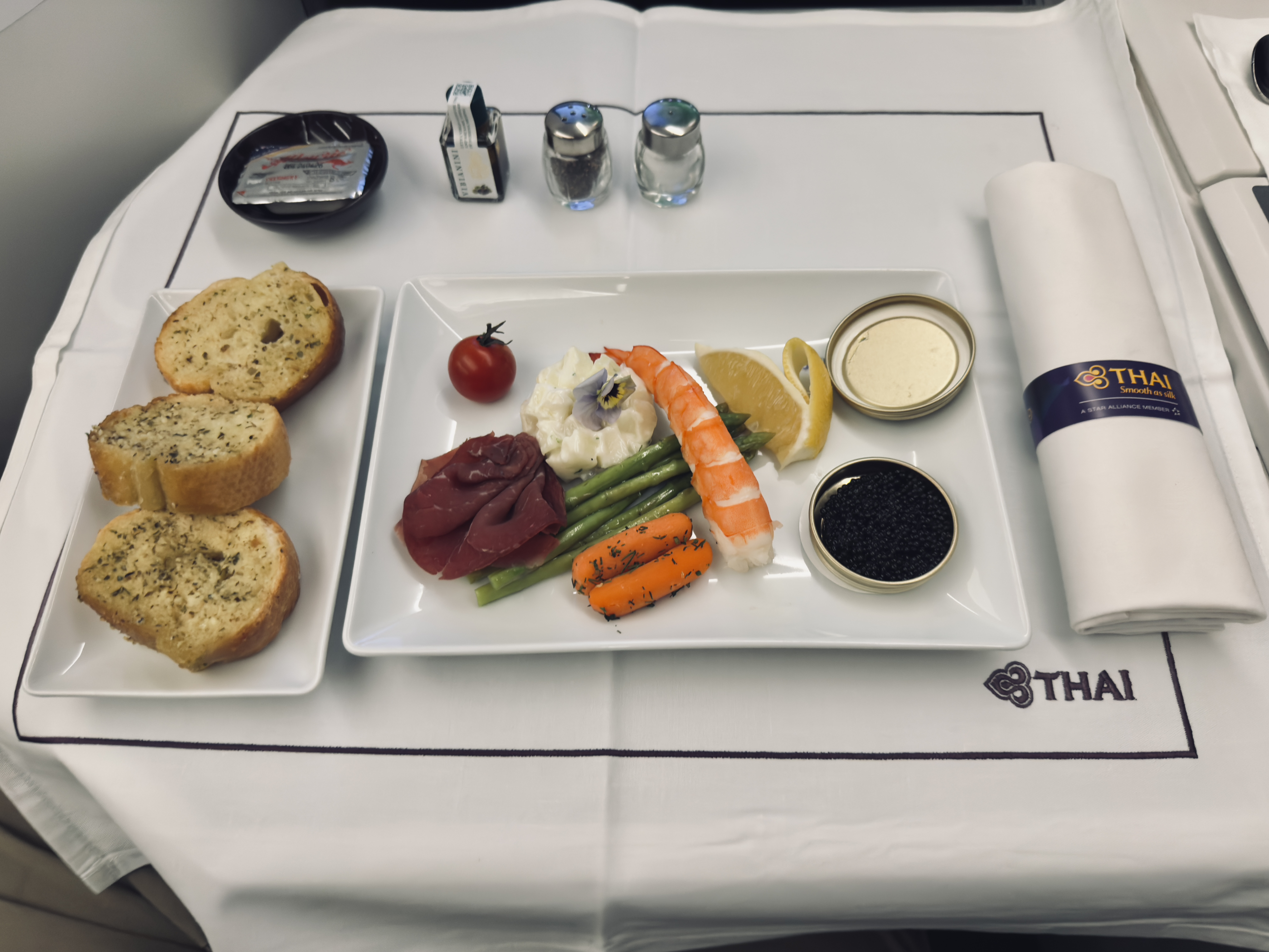 Thai Airways Royal Silk a350 900 business class dinner starter course Thai Airways Royal Silk a350 900 business class dinner starter course