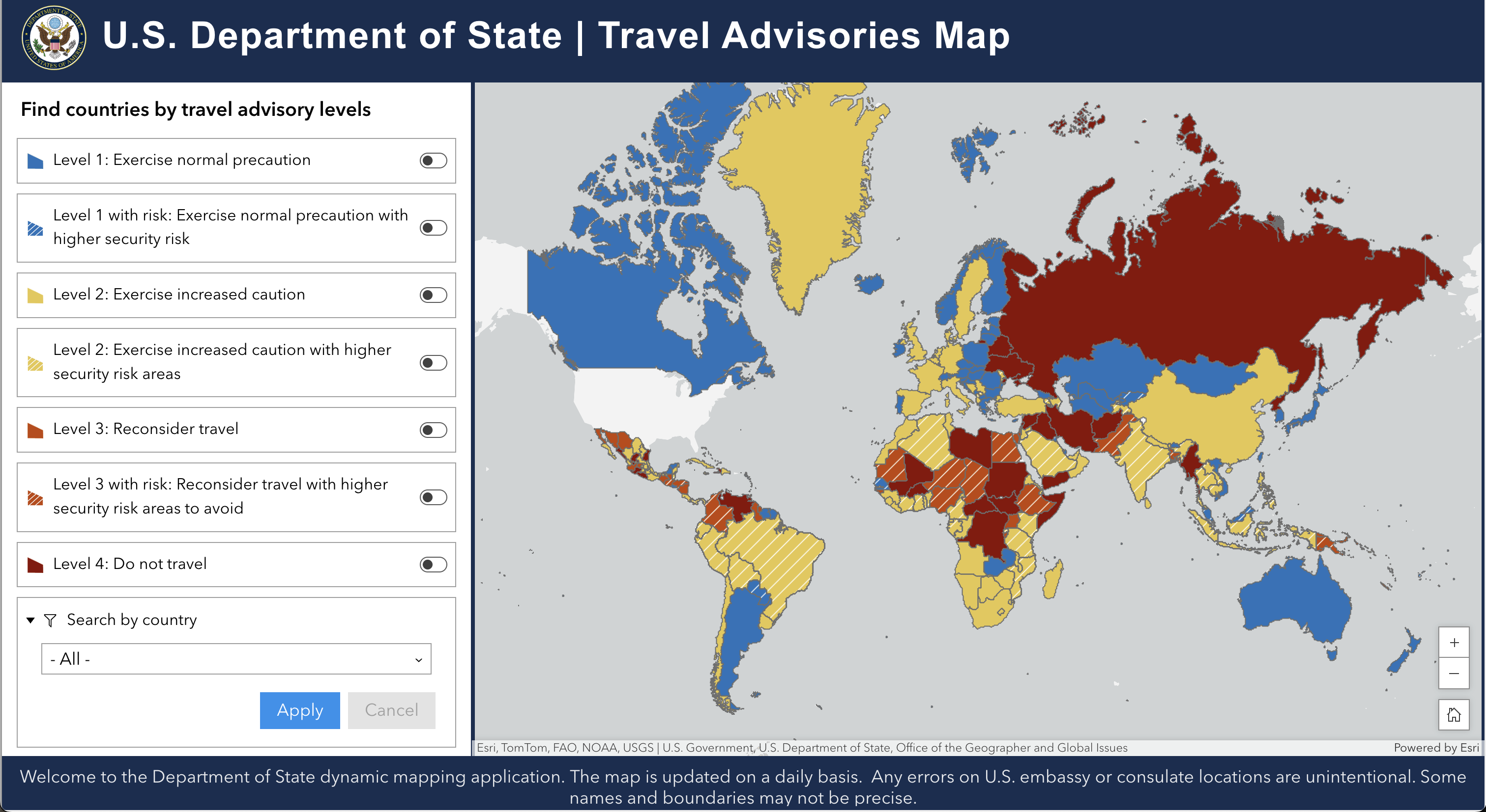 US State Department travel warnings map US State Department travel warnings map