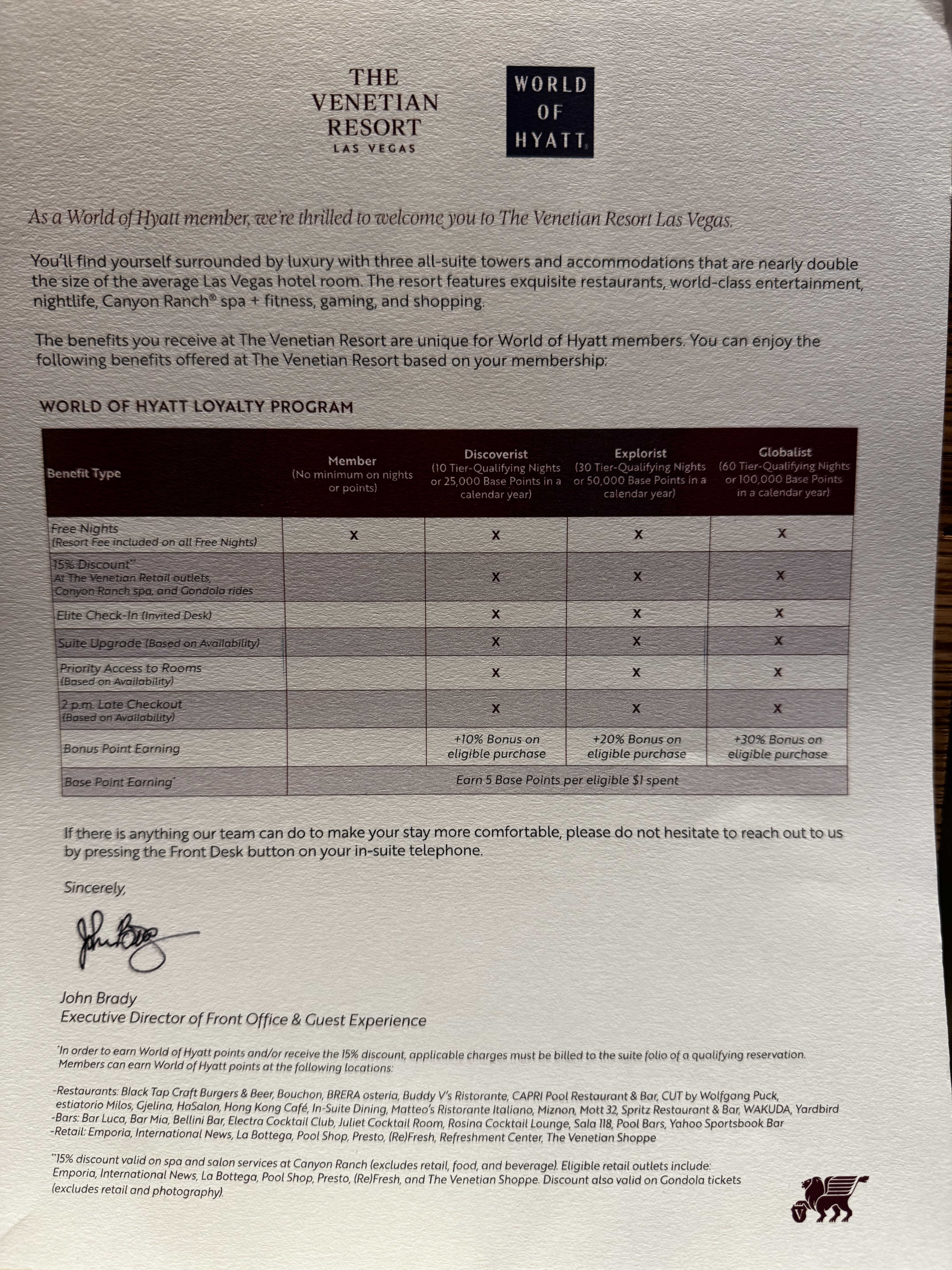 Venetian Palazzo Las Vegas Hyatt benefits letter