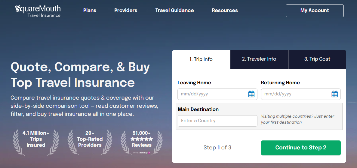 Squaremouth travel insurance home page
