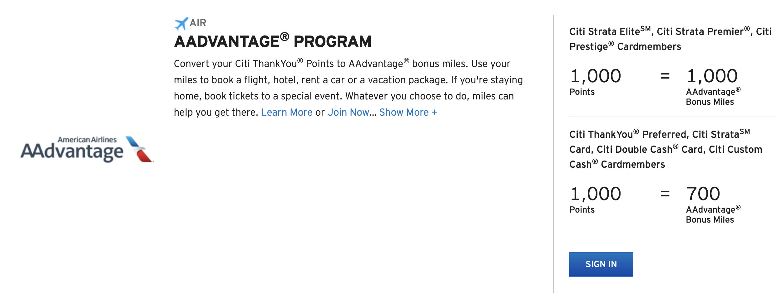 AAdvantage on Citi ThankYou Transfer Page
