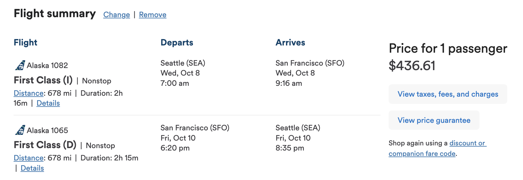 Alaska Airlines first class fare from Seattle to San Francisco Alaska Airlines first class fare from Seattle to San Francisco