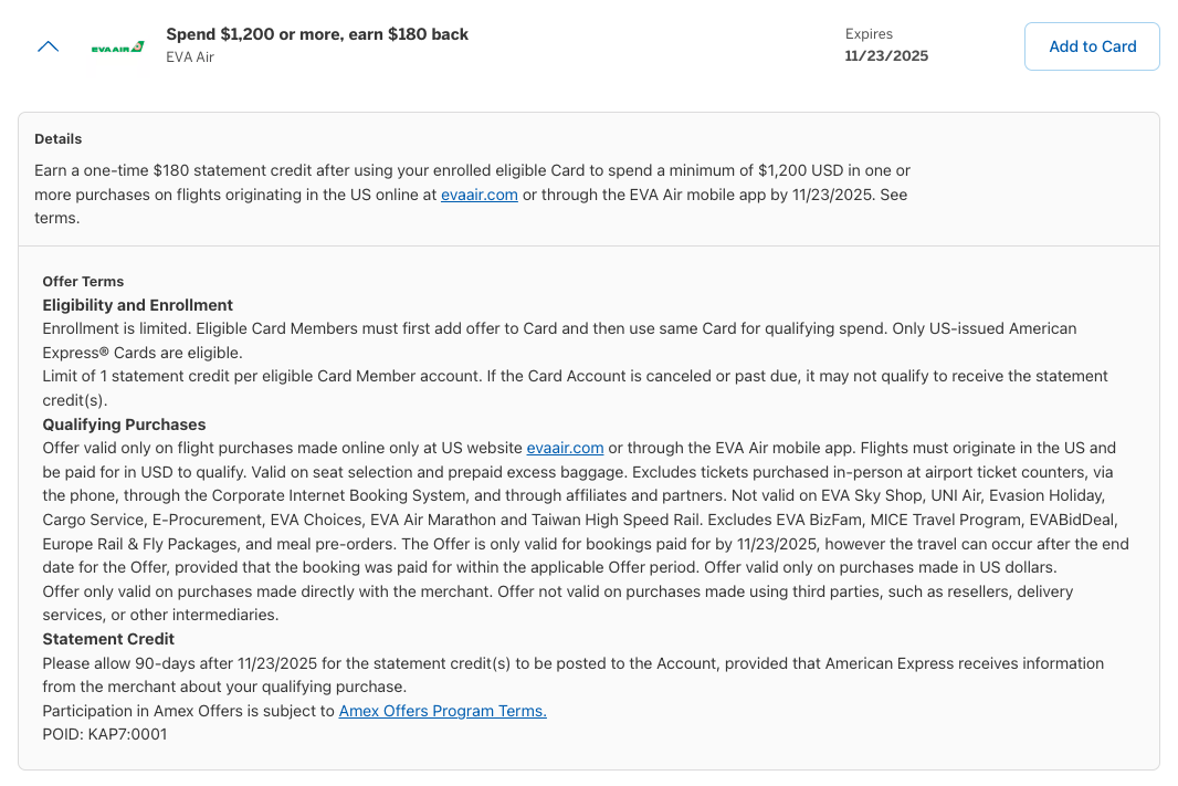 Amex Offer EVA Air November 2025 Amex Offer EVA Air November 2025