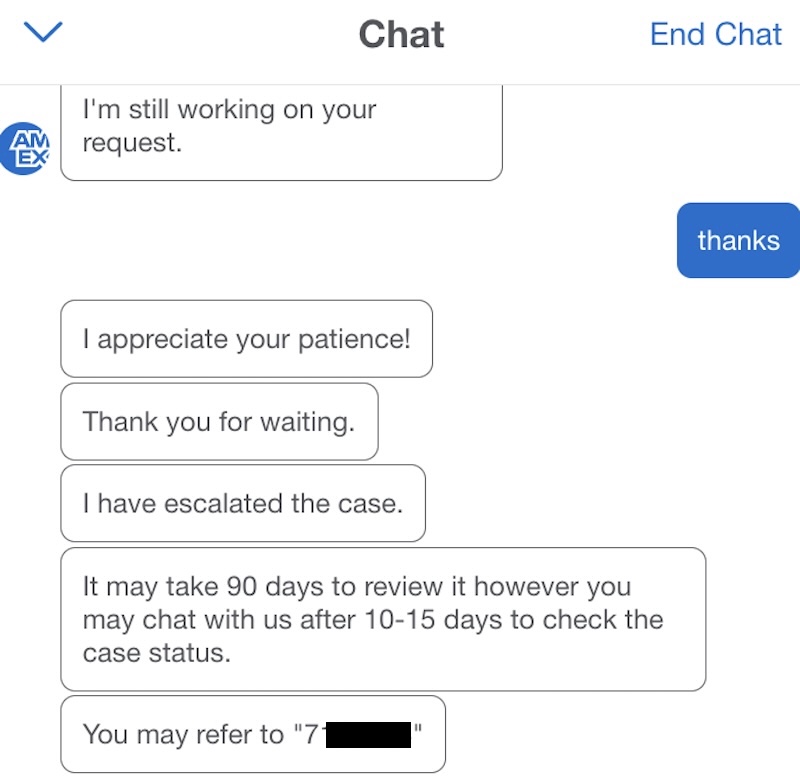 Screenshot Amex chat missing points case