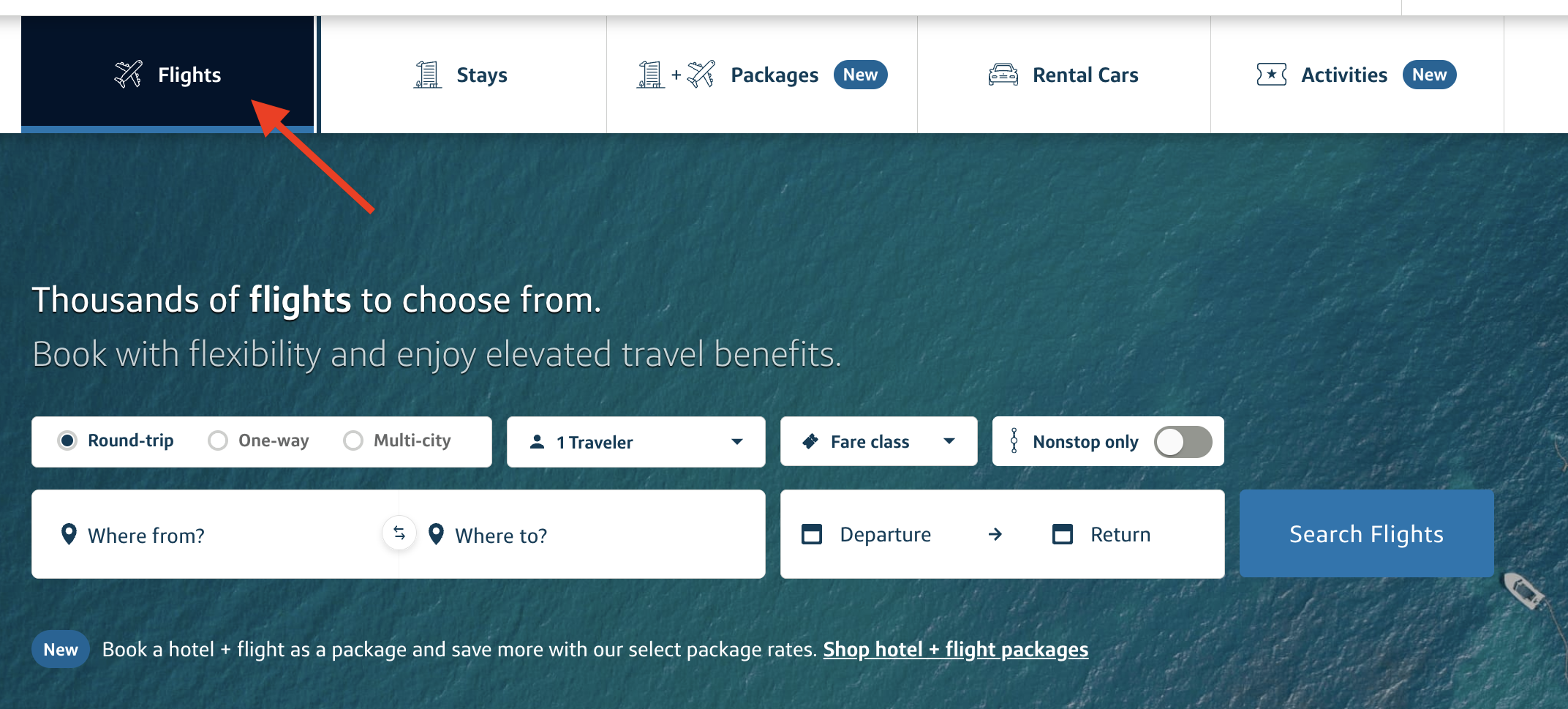Capital One Travel flights search page highlighted