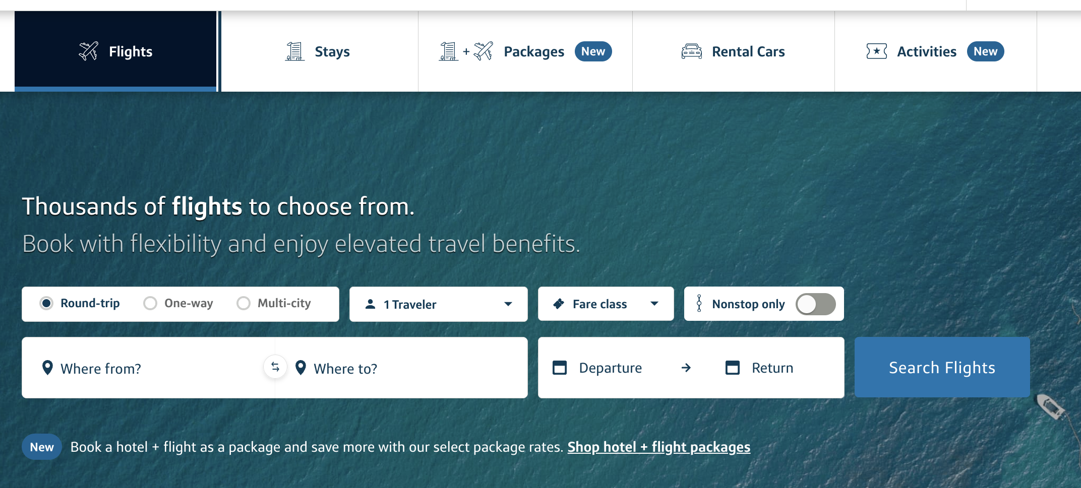 Capital One Travel flights search page