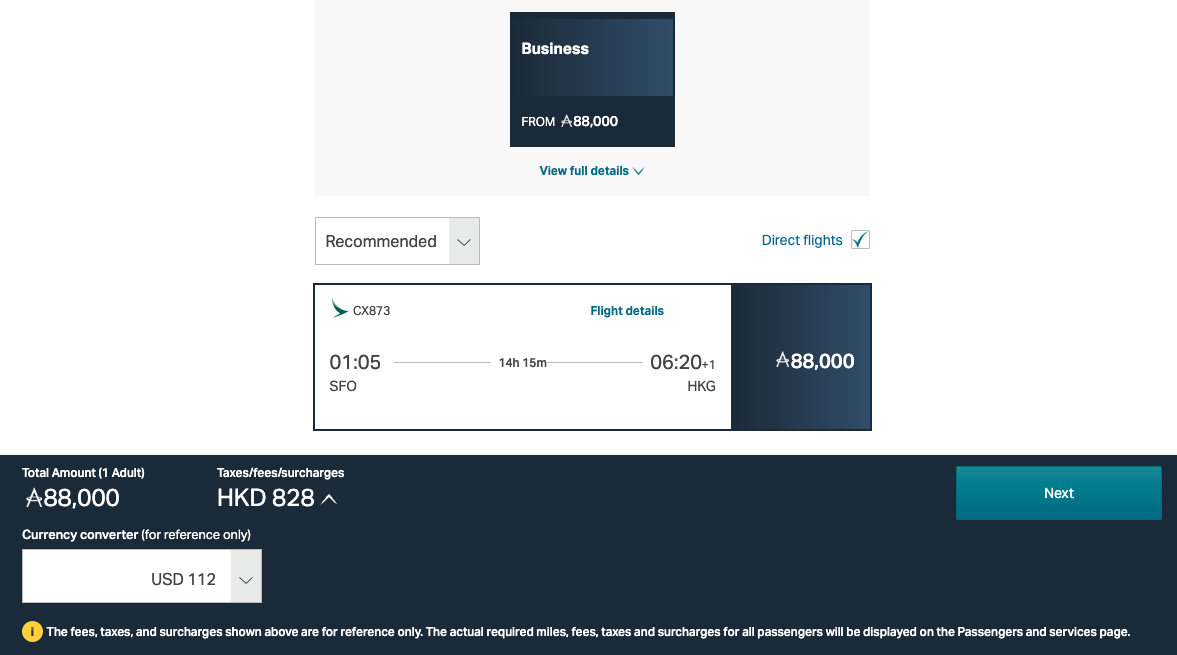 Cathay SFO HKG award pricing