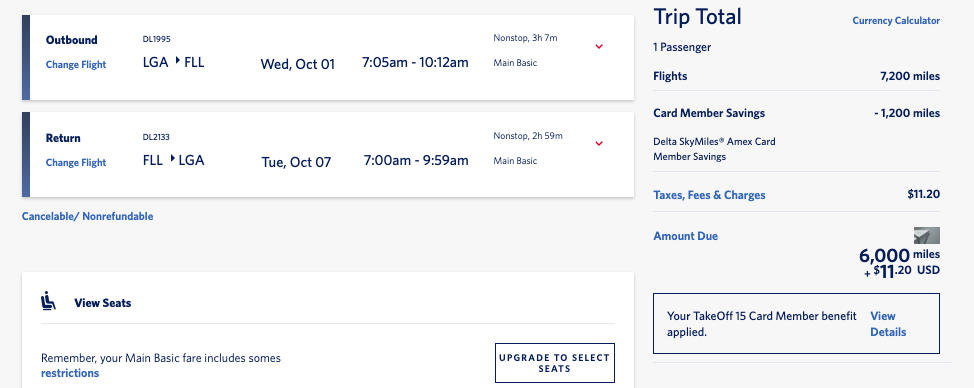 Delta skymiles award FLL LGA Delta skymiles award FLL LGA