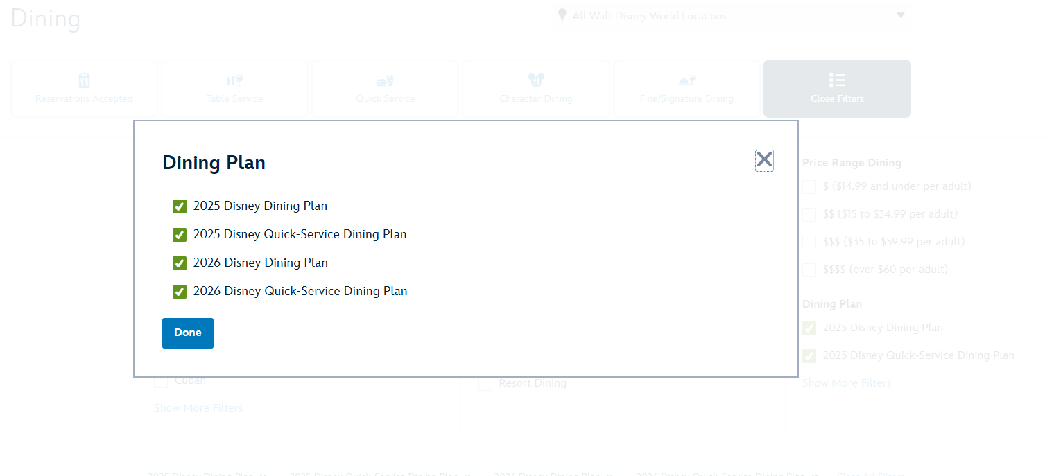 Disney Dining filters Disney World dining plan filters