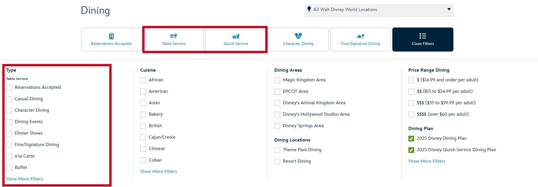 Disney World dining type filters Disney World dining type filters