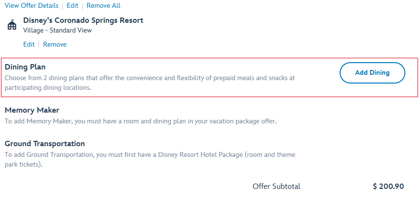 Disney World resort booking add dining plan Disney World resort booking add dining plan