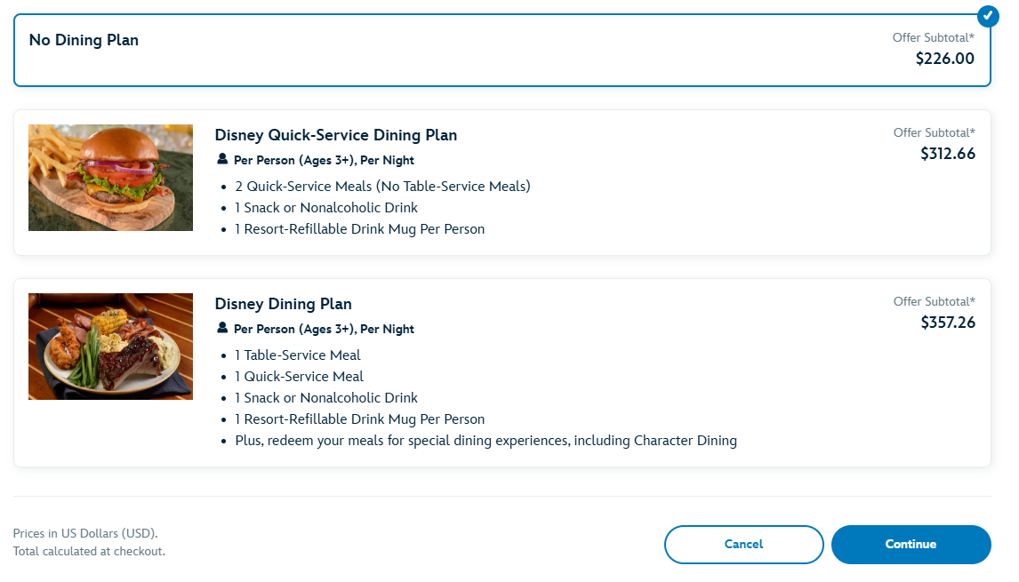 Disney dining plan options at booking Disney dining plan options at booking