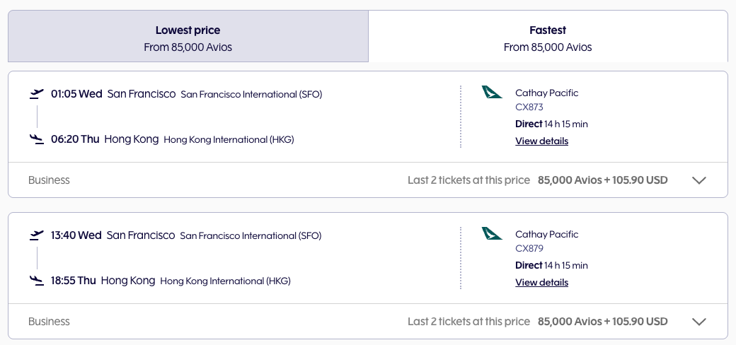 Finnair SFO HKG award pricing