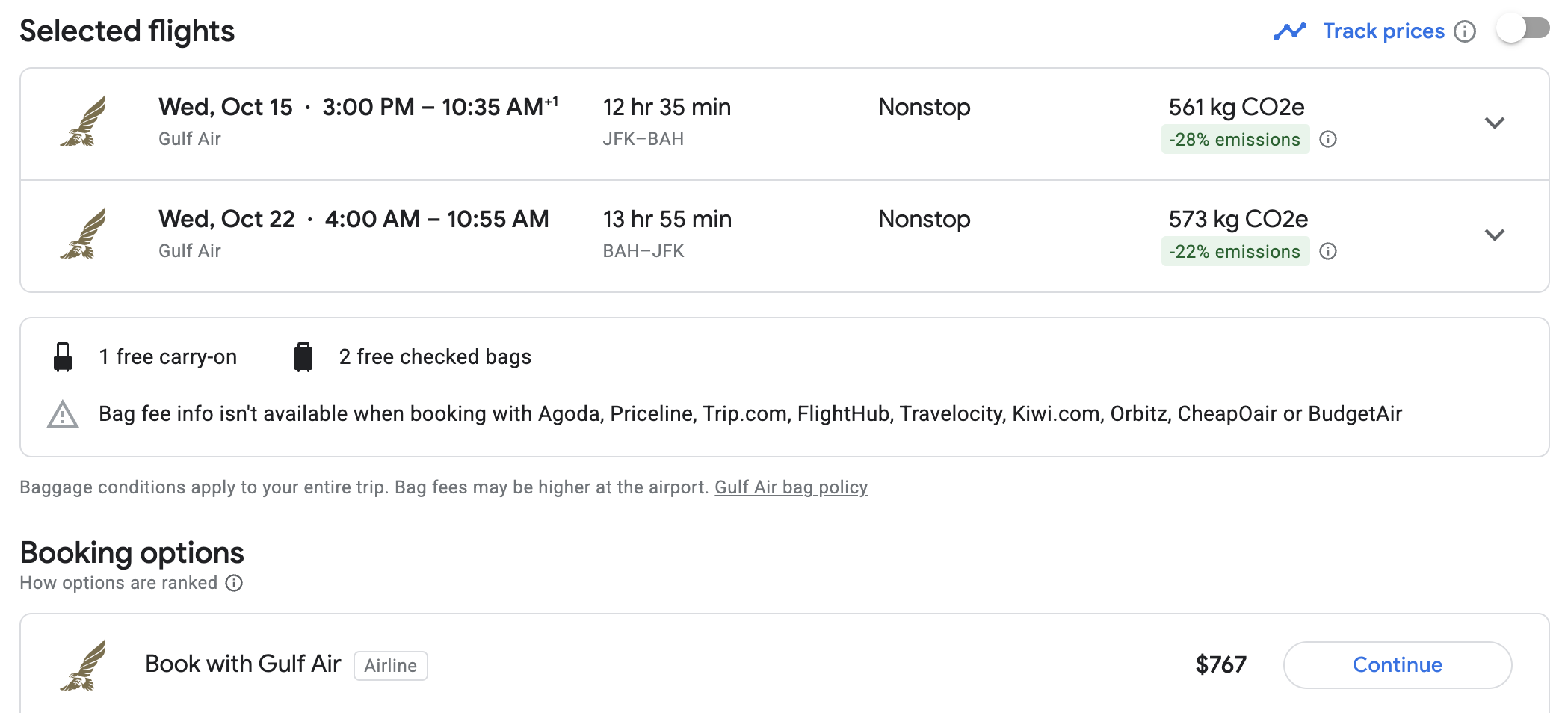Gulf Air round trip JFK BAH economy