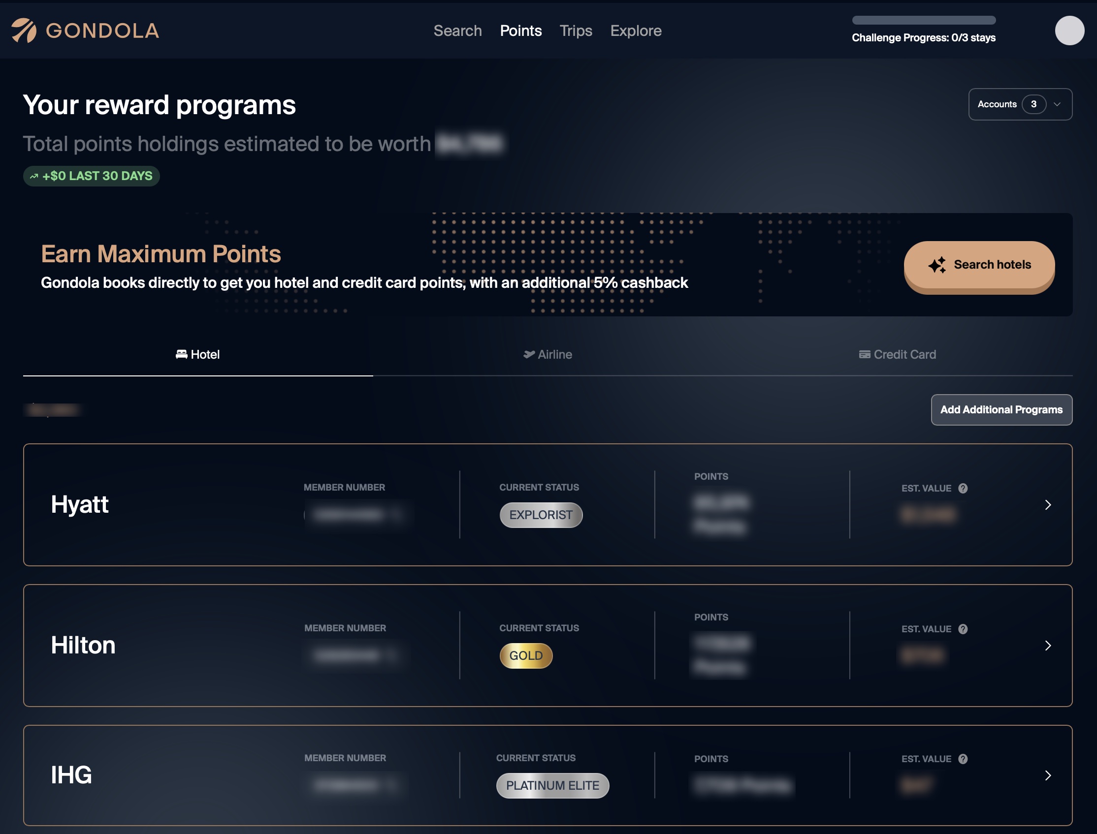 Gondola hotel points tracking page