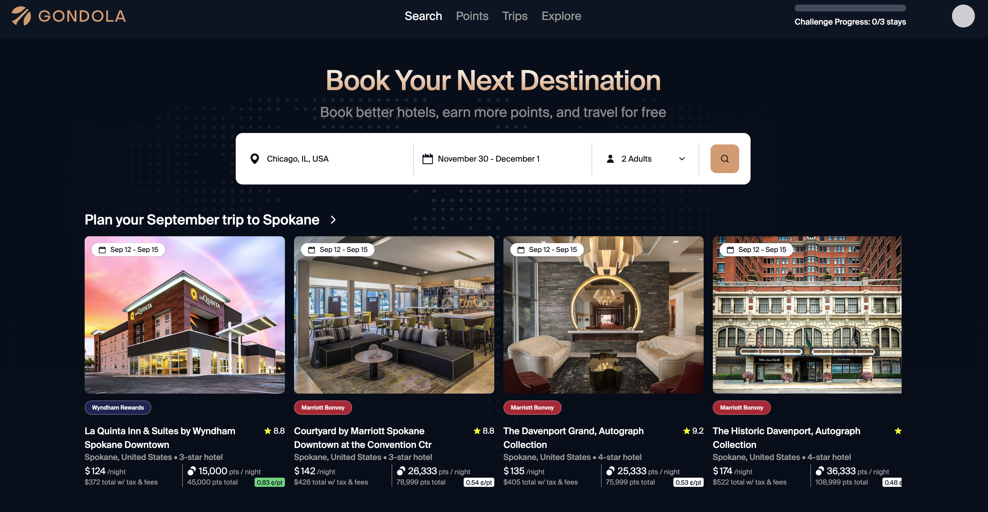 Hotel Search Page on Gondola