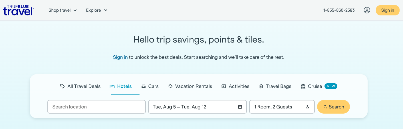 JetBlue Travel search page