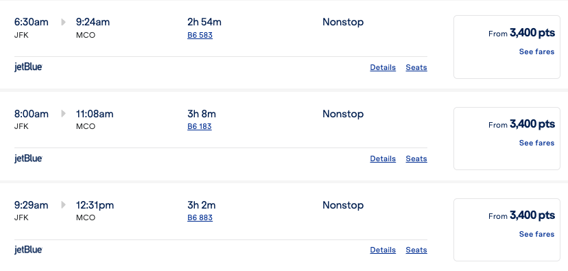 Jetblue award rates MCO