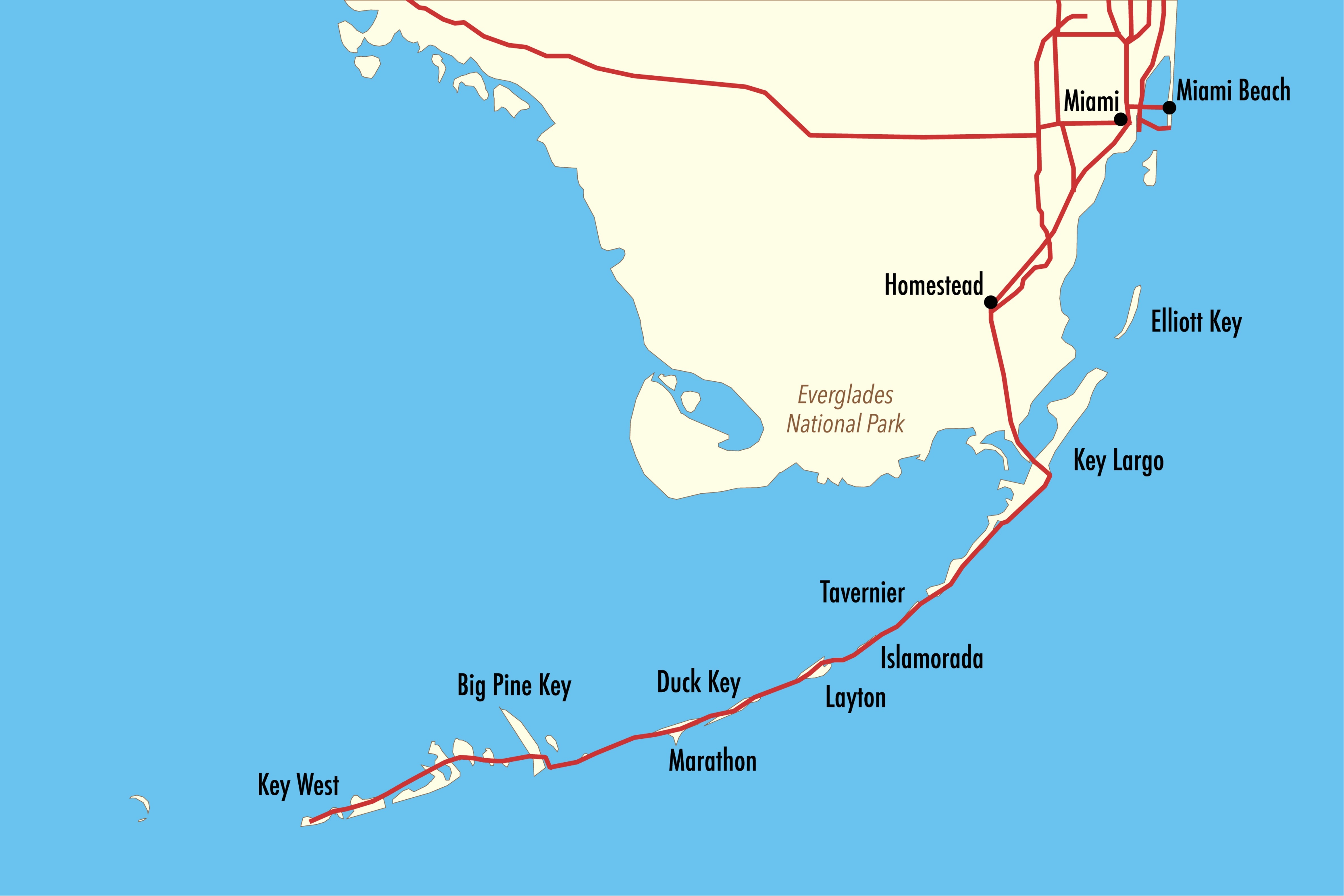 Vector Map of Florida Keys with Route 1 and Miami Infographic Illustration