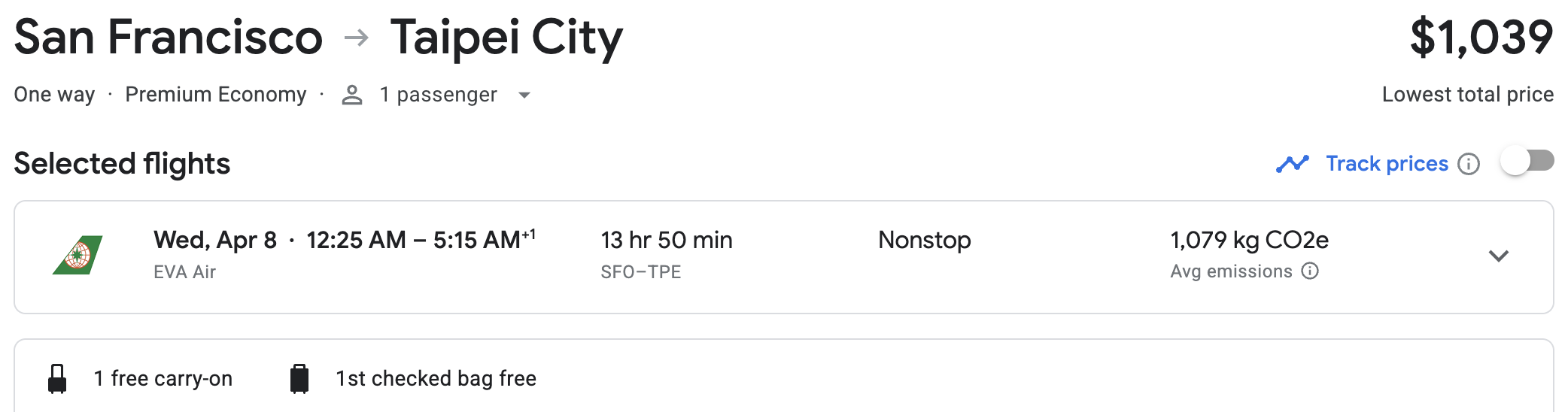SFO TPE EVA one way premium economy cost SFO TPE EVA one way premium economy cost